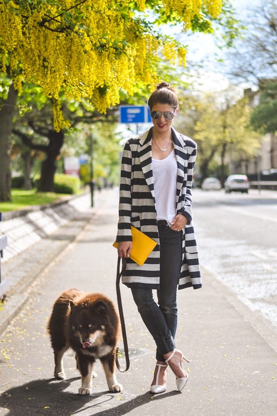 Thankfifi- Asos stripe coat & Iris & Ink yellow clutch
